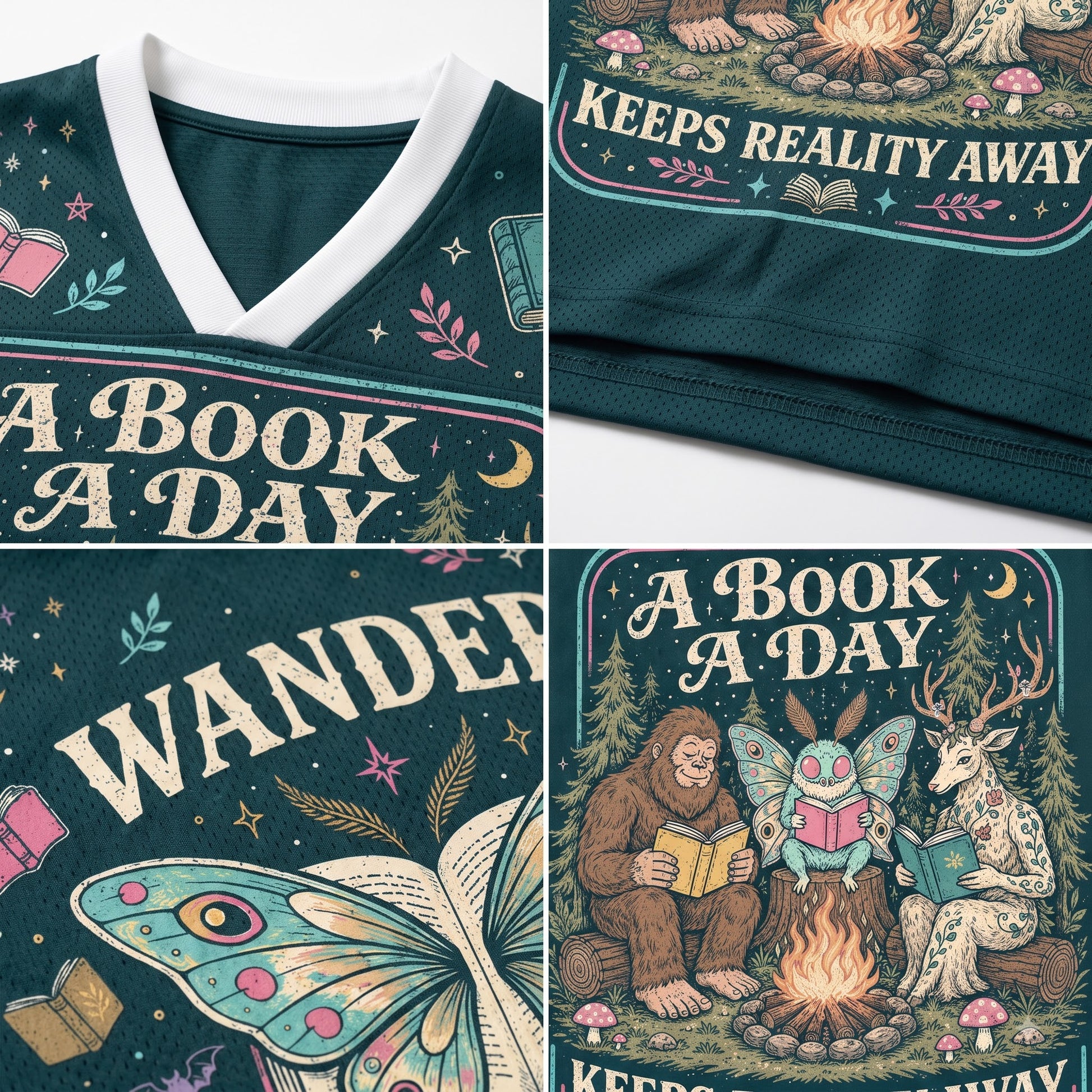 A dark teal graphic V-neck t-shirt shown in a four-panel collage, featuring the text 'A BOOK A DAY' and whimsical illustrations of a campfire, a butterfly, a big-footed creature, and a deer reading in a forest.