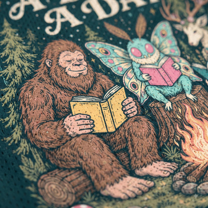 Close-up of a graphic print featuring a brown furry figure reading a yellow book next to a blue-green insect-like creature holding a pink book, with a campfire and dark forest background.