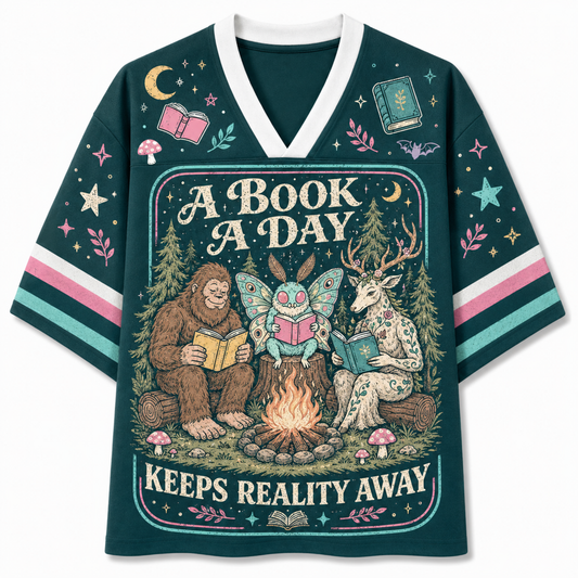 A dark teal V-neck graphic t-shirt featuring a whimsical forest illustration of a bear, a butterfly, and a deer reading by a campfire, with the text 'A BOOK A DAY KEEPS REALITY AWAY'. The sleeves have pink, white, and teal stripes, and the shirt is decorated with stars, moons, and mushrooms.