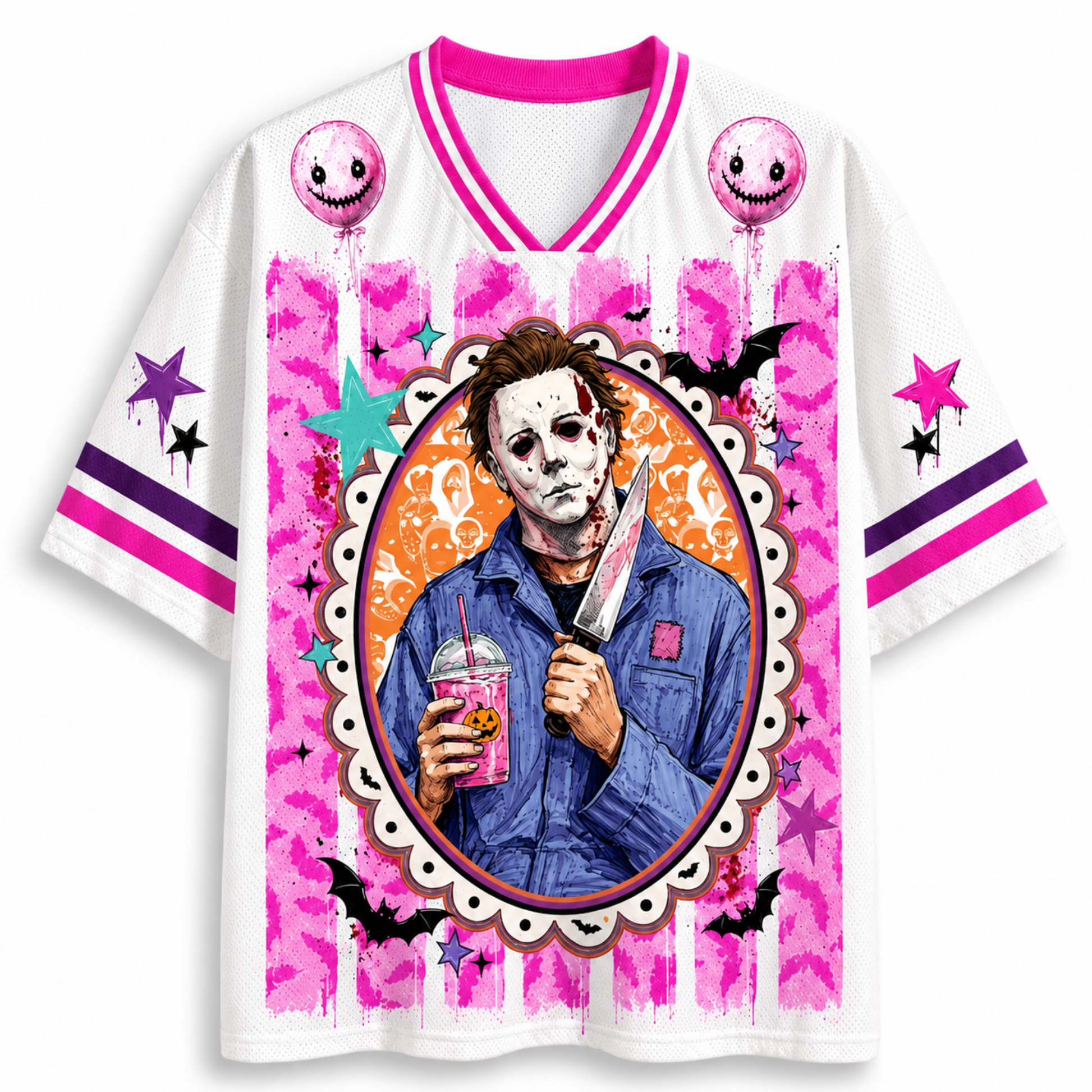 A white short-sleeve V-neck jersey-style shirt with bright pink trim and a large Halloween-themed graphic print. The center features an oval portrait of Michael Myers in a blue jumpsuit holding a knife and drink, surrounded by pink splatter, stars, bats, balloons, and decorative accents.