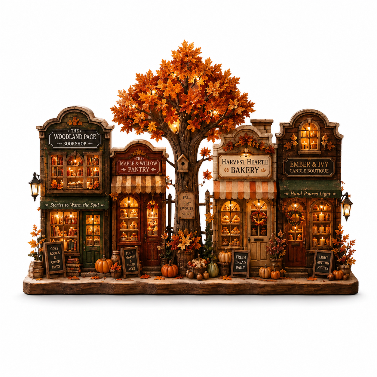 A detailed miniature autumn village display featuring four storefronts labeled Woodland Page Bookshop, Maple & Willow Pantry, Harvest Health Bakery, and Ember & Ivy Candle Boutique, arranged around a large tree with orange leaves and small pumpkins on a white background.