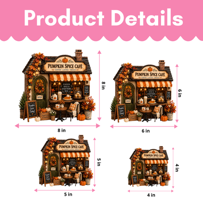 Product details graphic showing a miniature pumpkin spice cafe storefront in four size options labeled 8 in, 6 in, 5 in, and 4 in, with a pink 'Product Details' header.
