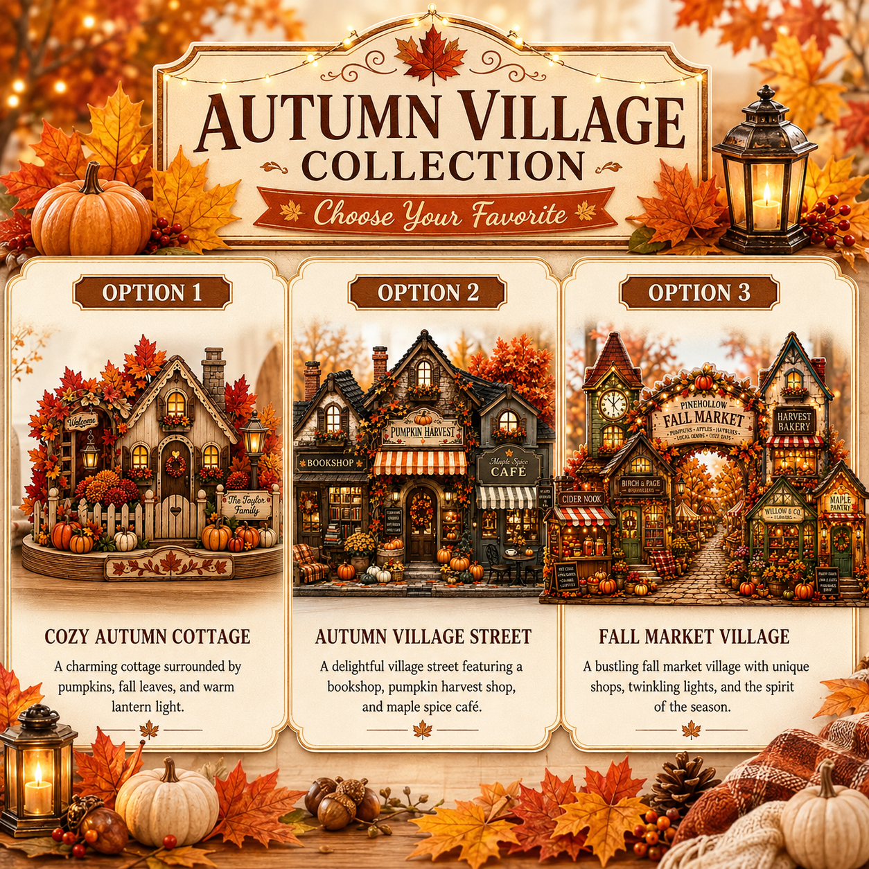 A decorative autumn-themed promotional graphic for an 'Autumn Village Collection' with three illustrated village scene options labeled Option 1, Option 2, and Option 3. The design uses warm fall colors including orange, yellow, brown, and beige, with pumpkins, leaves, lanterns, and a vintage-style signboard framing the text.