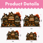Product details graphic showing a decorative miniature autumn shop set in four size options, with dimensions labeled 8 in, 6 in, 5 in, and 4 in. The top of the image has a pink banner reading 'Product Details'.