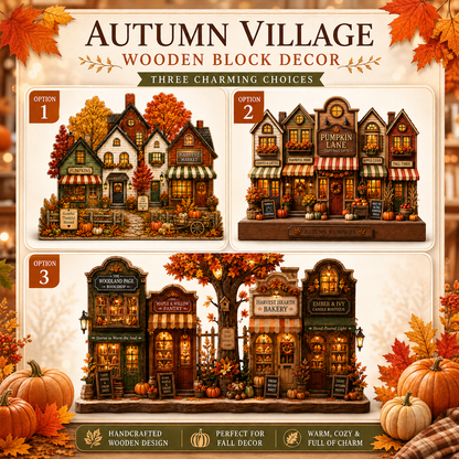 Promotional graphic for 'Autumn Village Wooden Block Decor' showing three different styled village options labeled Option 1, Option 2, and Option 3. The designs feature cozy autumn-themed wooden houses with storefronts, warm glowing windows, pumpkins, and fall foliage.