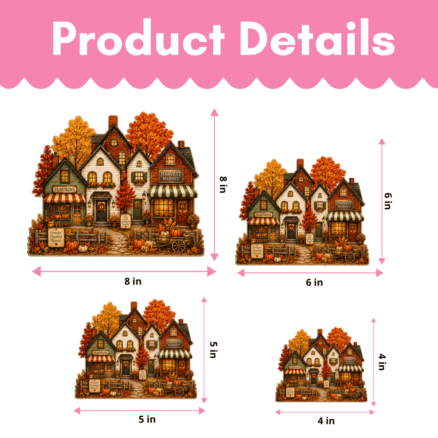 Product details graphic showing four sizes of a decorative autumn village house figurine with dimension labels in inches on a white background with a pink header.