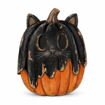 A decorative jack-o'-lantern shaped like a cat face, with a black upper half and ears, an orange lower half, and distressed detailing around the edges, shown on a plain white background.