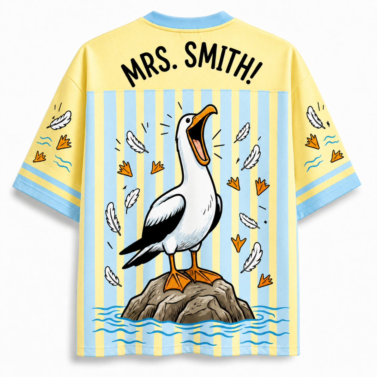 Shirt with a cartoon pelican design and 'MRS. SMITH!' text on a yellow and blue striped background
