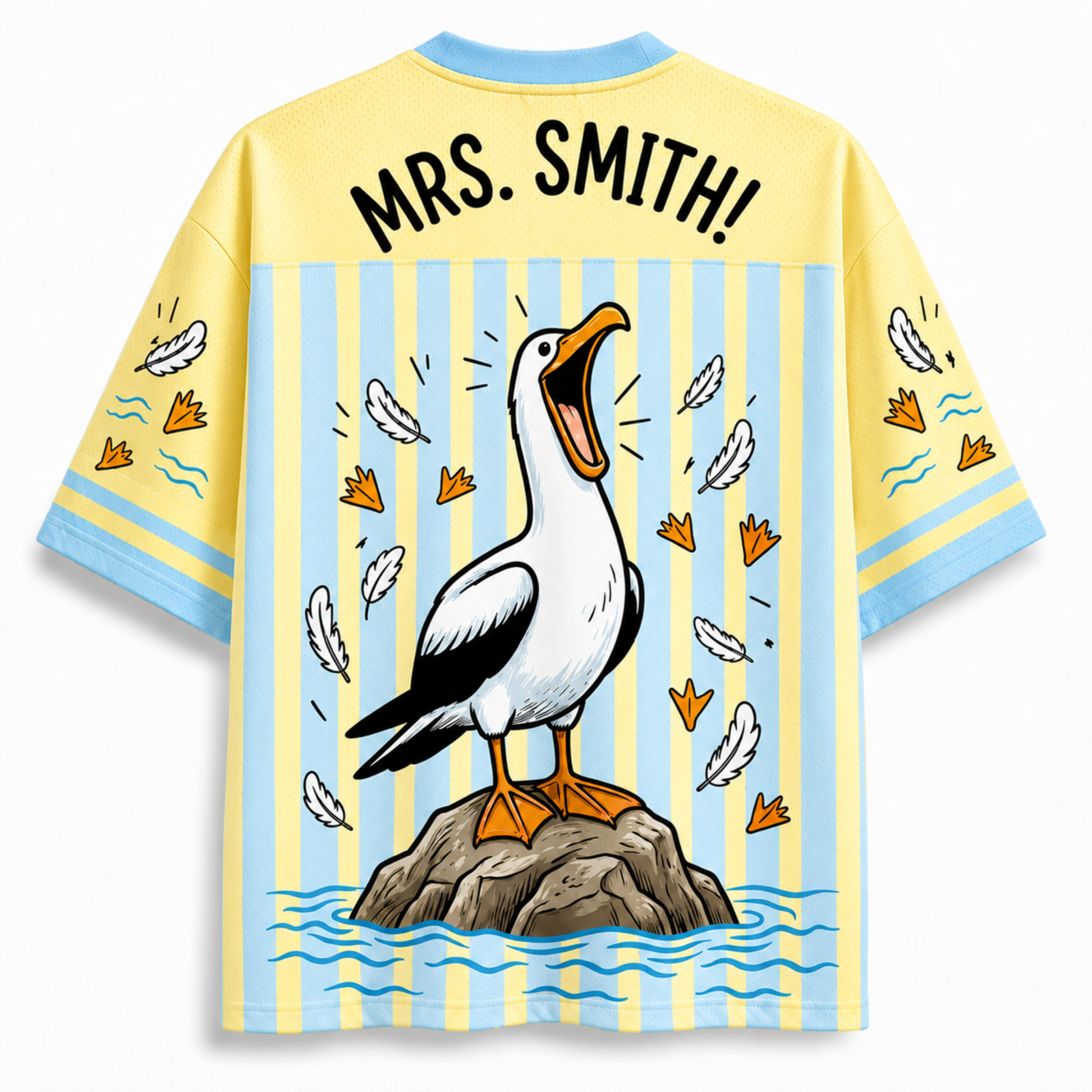 Shirt with a cartoon pelican design and 'MRS. SMITH!' text on a yellow and blue striped background
