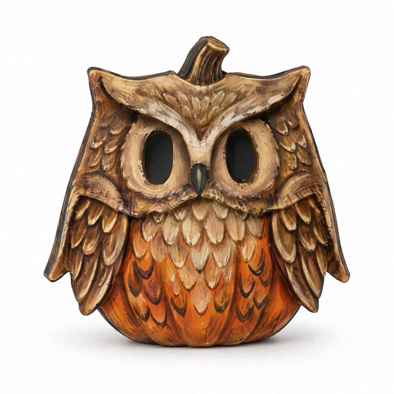 A carved decorative owl pumpkin sculpture with a warm brown and orange painted finish, photographed on a clean white background.