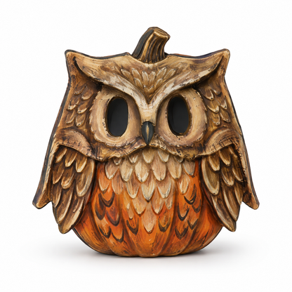 A carved decorative owl pumpkin sculpture with a warm brown and orange painted finish, photographed on a clean white background.