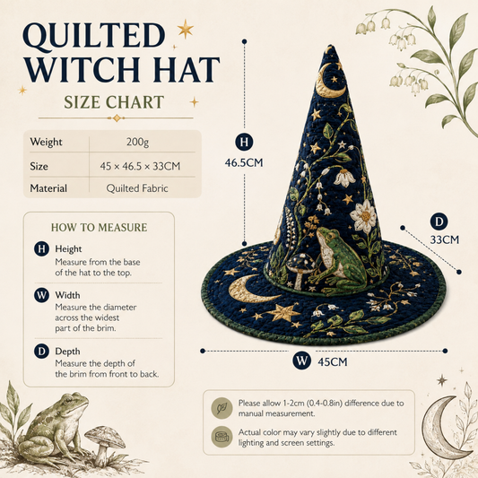 A size chart graphic for a quilted witch hat, showing a dark navy blue embroidered hat with gold, green, and cream details. The chart includes dimensions for height, width, and depth, along with weight and material information, set against a beige background with botanical illustrations.
