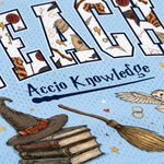 A close-up of a light blue patterned surface featuring large decorative letters with witch-themed illustrations, the phrase 'Accio Knowledge' in dark script, and illustrated objects including a witch hat, broom, books, wand, owl, and a gold ring.