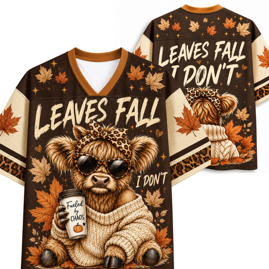 Chaotic Club Autumn Cow Leaves Fall I Dont Mesh Jersey - front and back view with highland cow graphic