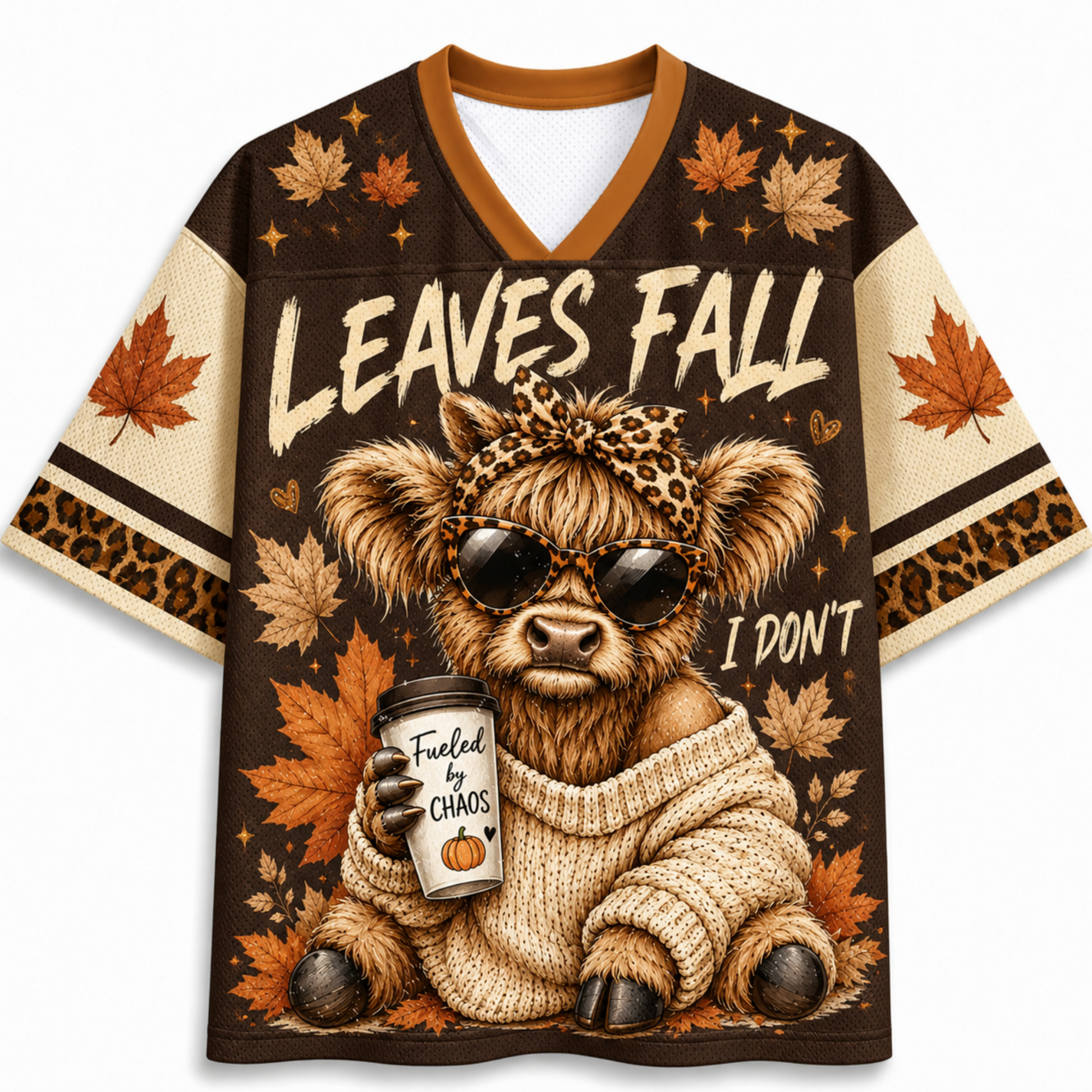 Chaotic Club Autumn Cow Leaves Fall I Dont Mesh Jersey - front view with cozy cow graphic