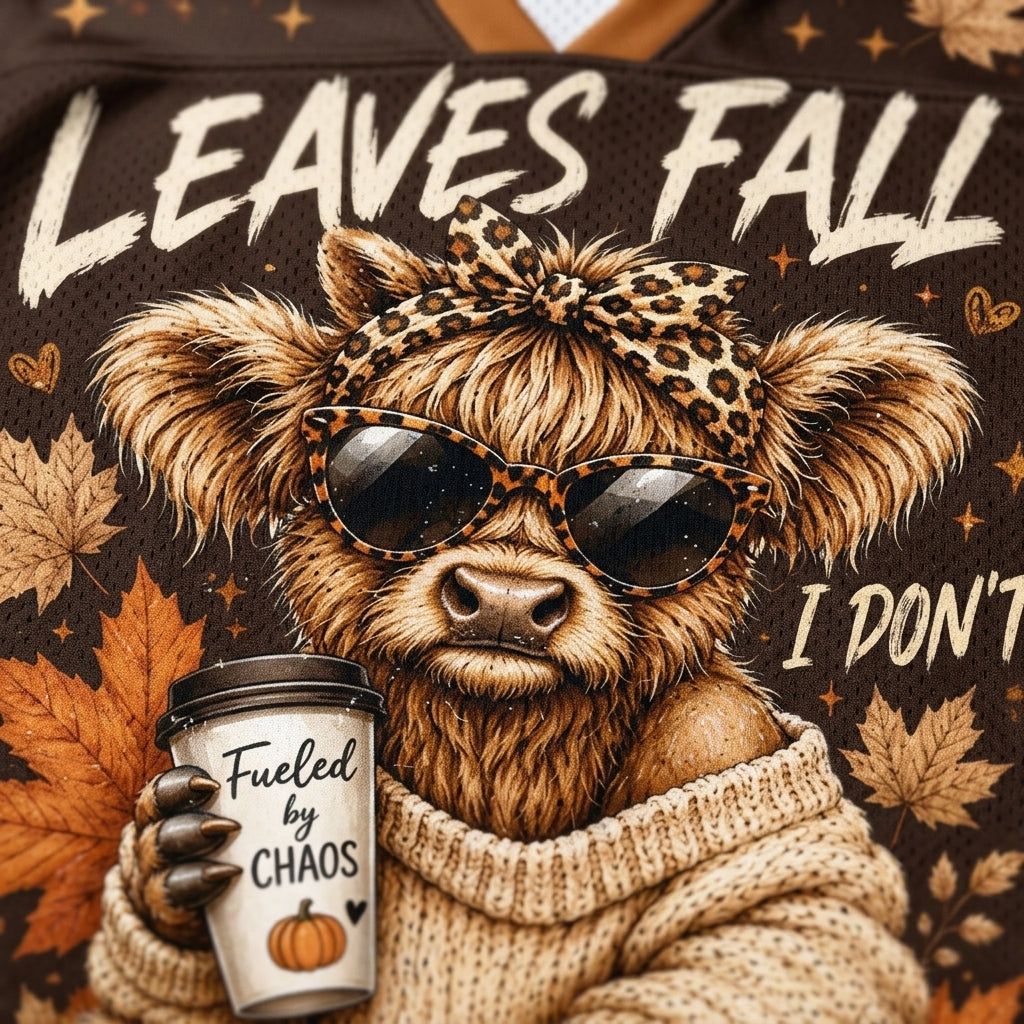 Chaotic Club Autumn Cow Leaves Fall I Dont Mesh Jersey - close-up of highland cow graphic design
