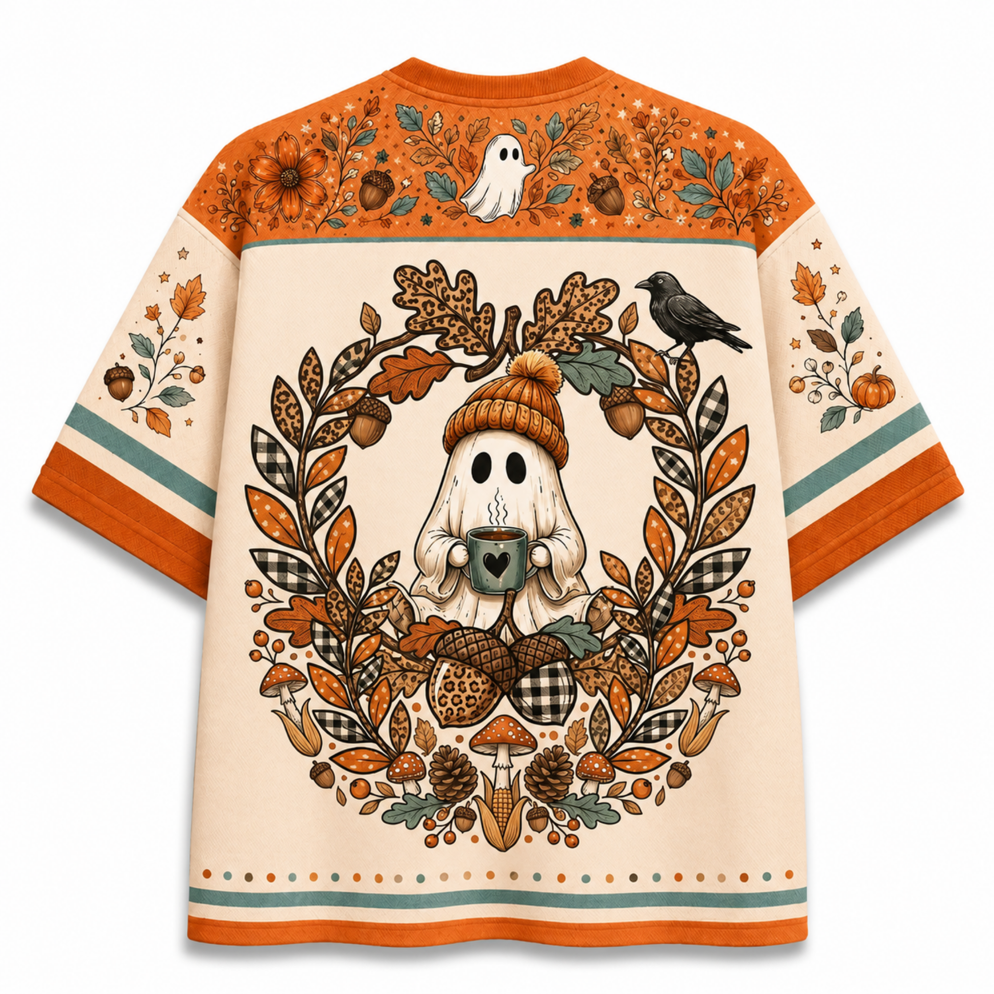 Back view of the Chaotic Club jersey showcasing a cozy beanie-wearing ghost holding coffee inside an autumn leaf and acorn wreath with a black crow.