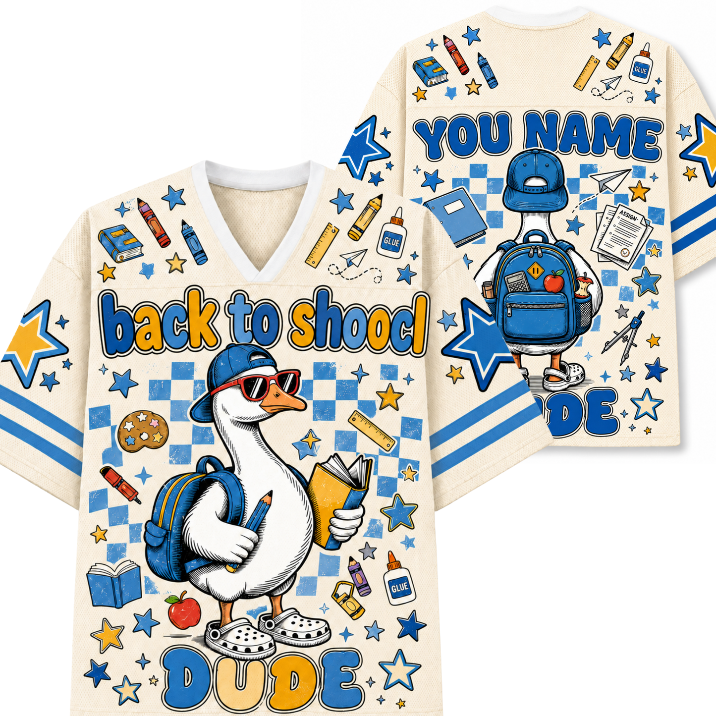 A cream-colored V-neck t-shirt shown from both front and back, featuring a colorful 'Back to School Dude' cartoon graphic with a duck, backpack, stars, and checkered pattern, plus a customizable 'YOU NAME' text on the back.