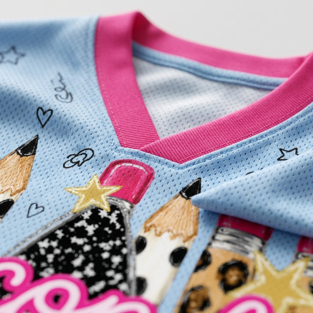 Close-up of a light blue mesh V-neck top with bright pink trim and a playful school-themed graphic print featuring pencils, stars, hearts, and leopard-print pencil bodies.