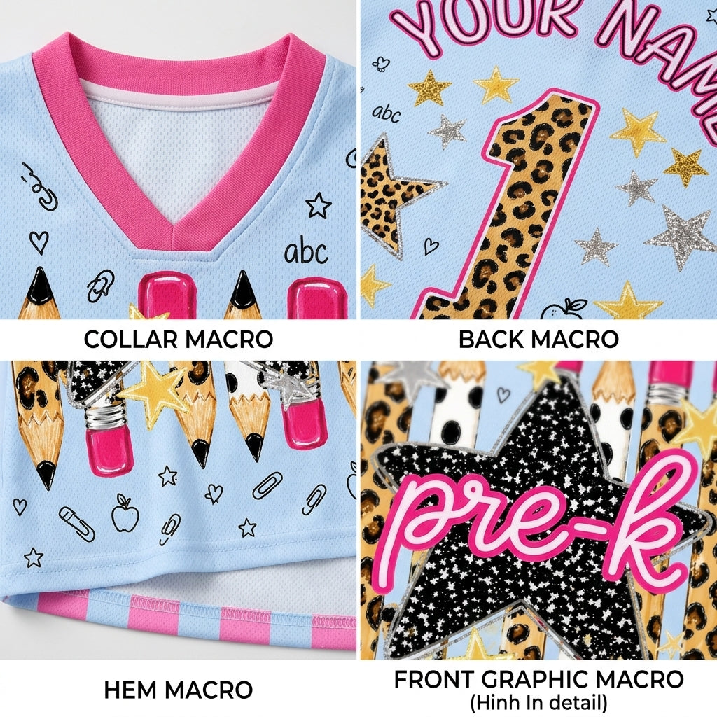 A collage showing a light blue and pink pre-kinder sports jersey with school-themed graphics, including pencils, stars, and a leopard print number 1. The image includes four labeled detail panels: collar macro, back macro, hem macro, and front graphic macro.