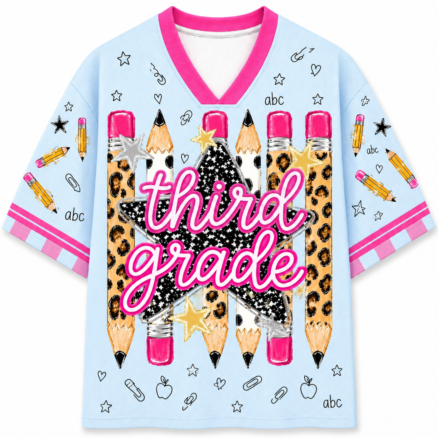 A light blue short-sleeve V-neck t-shirt with a 'third grade' school-themed graphic. The design features a central glittery black star with leopard-print pencils, pink and black leopard-print pencils, and a pink script font reading 'third grade'.