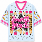 A light blue short-sleeve V-neck t-shirt with a 'fourth grade' school-themed graphic. The design features large leopard-print pencils with pink erasers, a glittery black star, gold stars, and small school icons like apples, paperclips, and the letter 'abc' printed on the front.