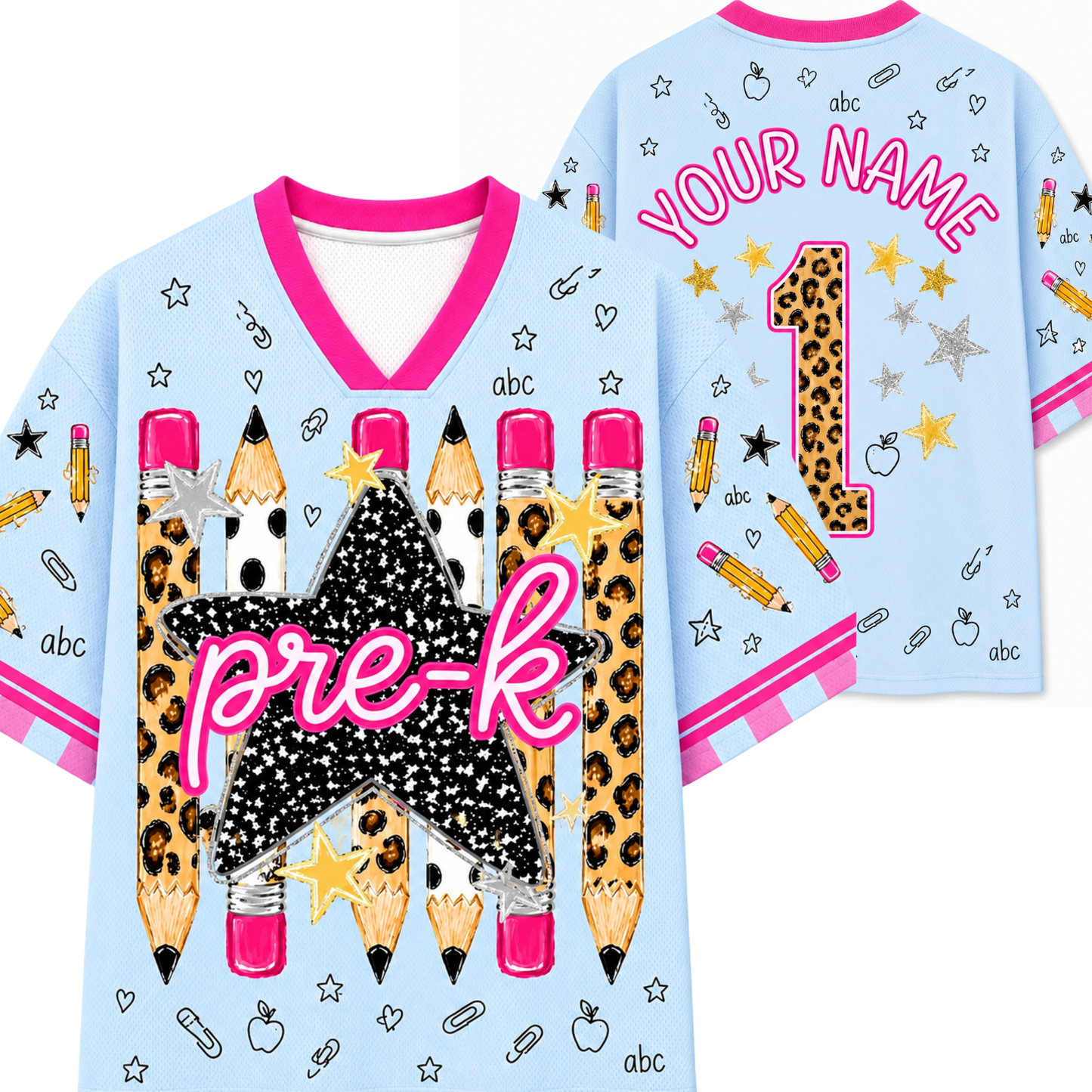 Front and back views of a personalized kids' t-shirt in light blue. The shirt features pink trim, a large central leopard-print star with the text 'pre-k' in pink, and illustrations of pencils, stars, apples, and paperclips.