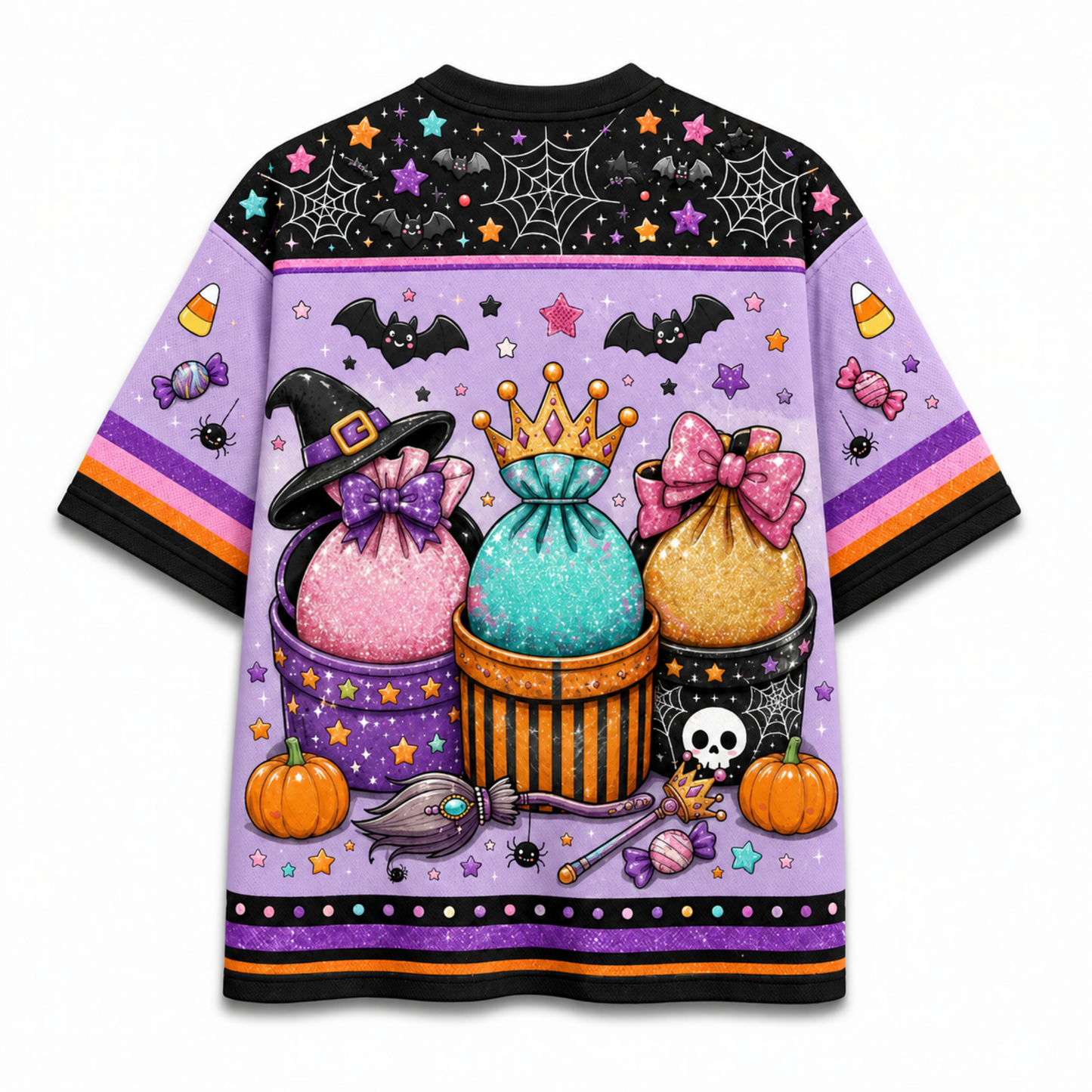 A short-sleeve t-shirt with a vibrant all-over Halloween print, featuring three glittery witch buckets, pumpkins, candy corn, bats, and a broomstick on a light purple background with black and orange striped accents.