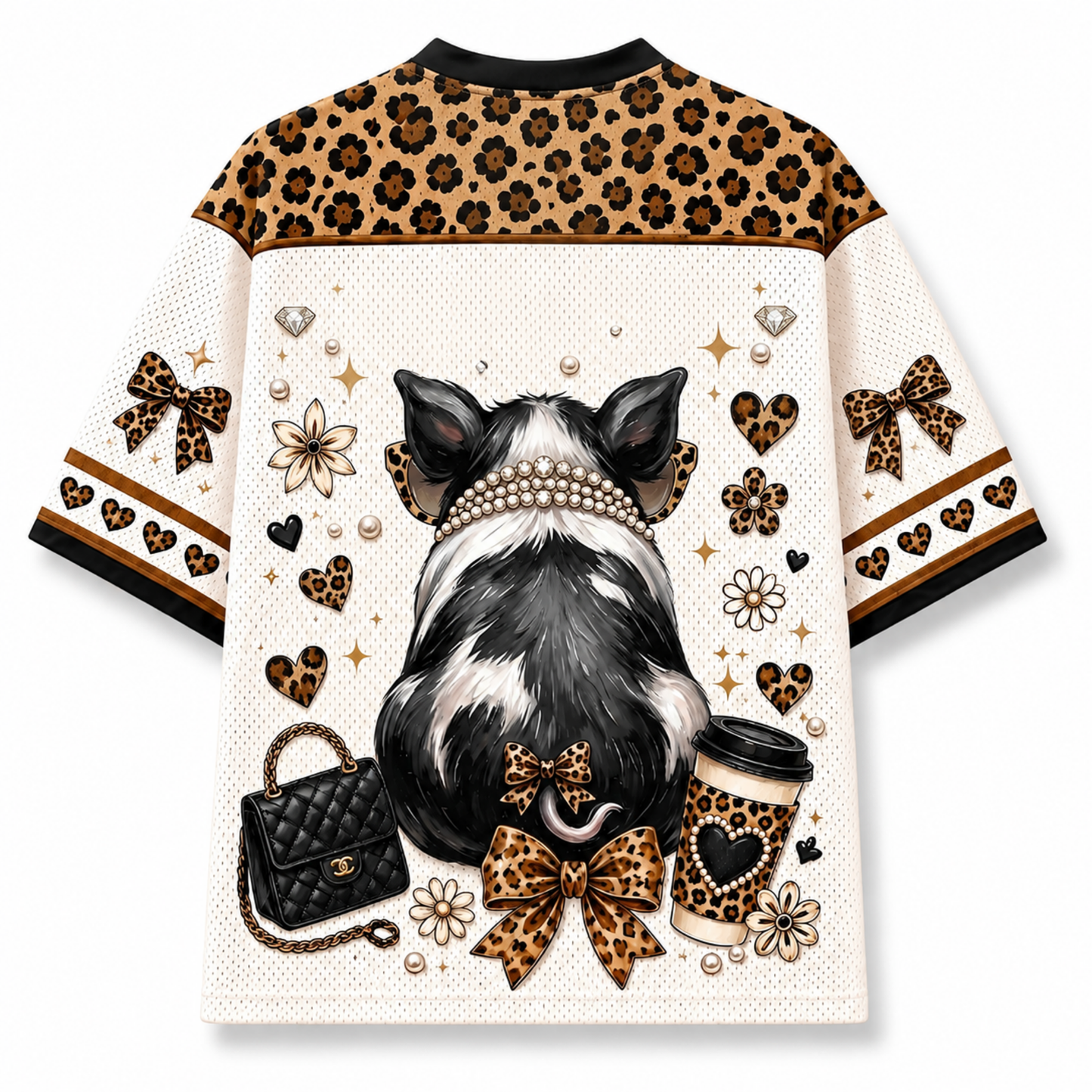 Back view of the Chaotic Club jersey showcasing the backside of the fashionista pig with a pearl collar and leopard ribbon bow on its tail.