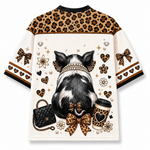 Back view of the Chaotic Club jersey showcasing the backside of the fashionista pig with a pearl collar and leopard ribbon bow on its tail.
