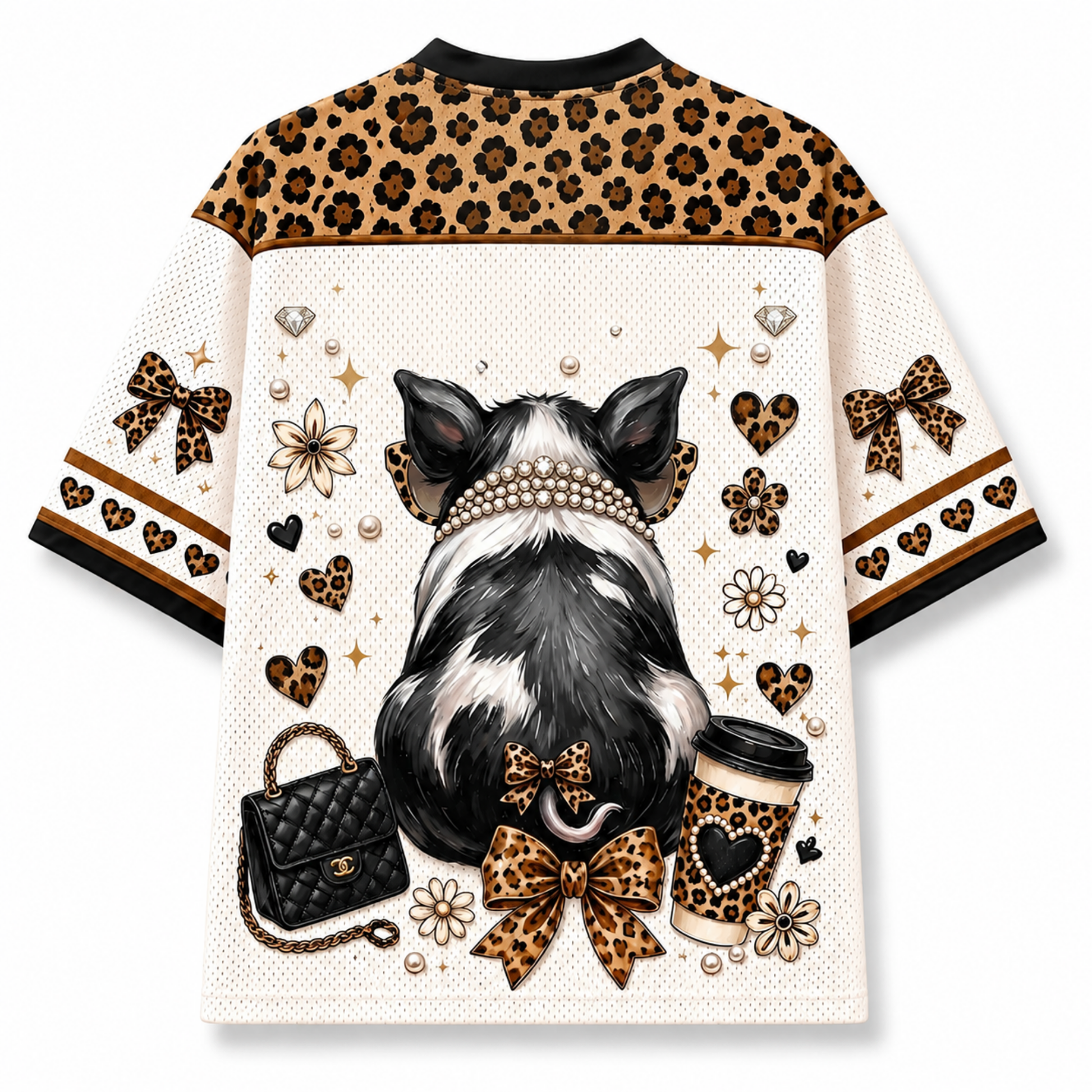 Back view of the Chaotic Club jersey showcasing the backside of the fashionista pig with a pearl collar and leopard ribbon bow on its tail.