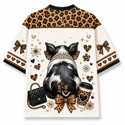 Back view of the Chaotic Club jersey showcasing the backside of the fashionista pig with a pearl collar and leopard ribbon bow on its tail.