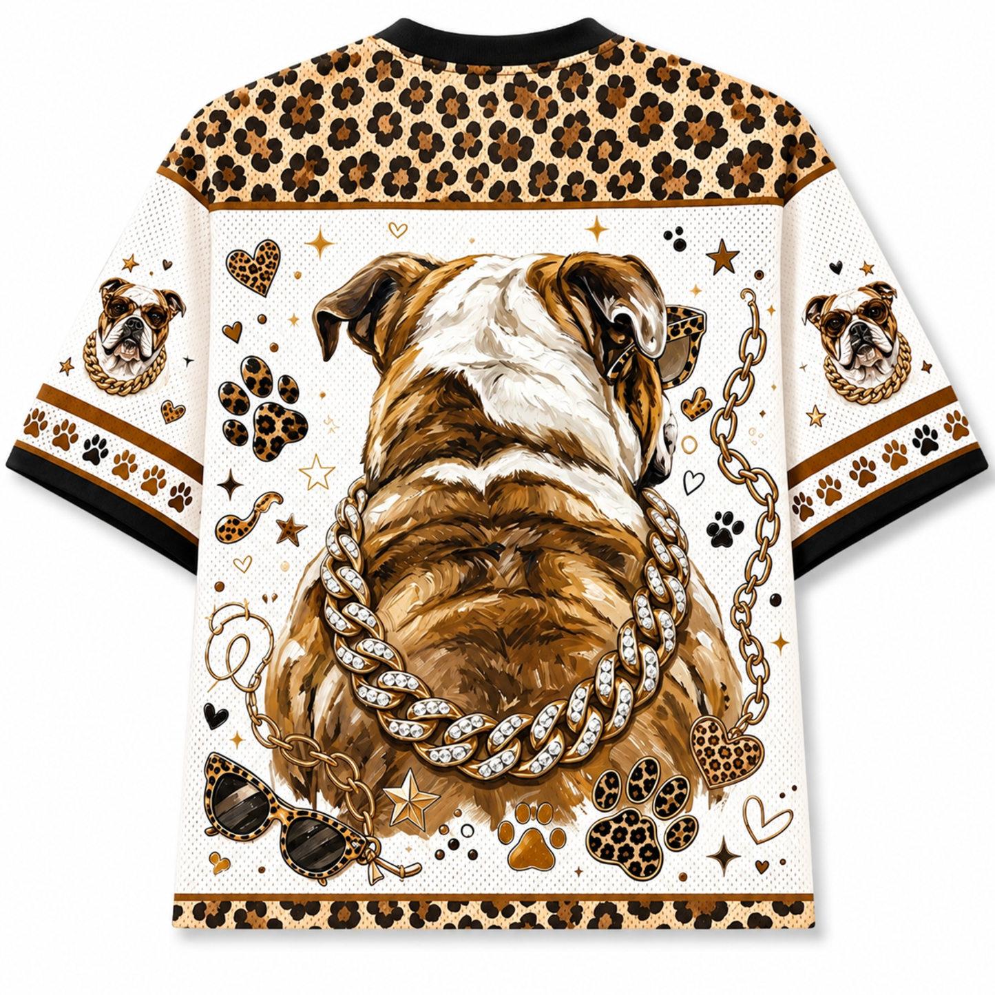 A short-sleeve t-shirt featuring a detailed graphic print of an English Bulldog wearing a chain necklace, surrounded by paw prints, hearts, stars, and leopard print patterns on a white background.