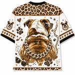 A short-sleeve t-shirt featuring a detailed graphic print of an English Bulldog wearing a chain necklace, surrounded by paw prints, hearts, stars, and leopard print patterns on a white background.