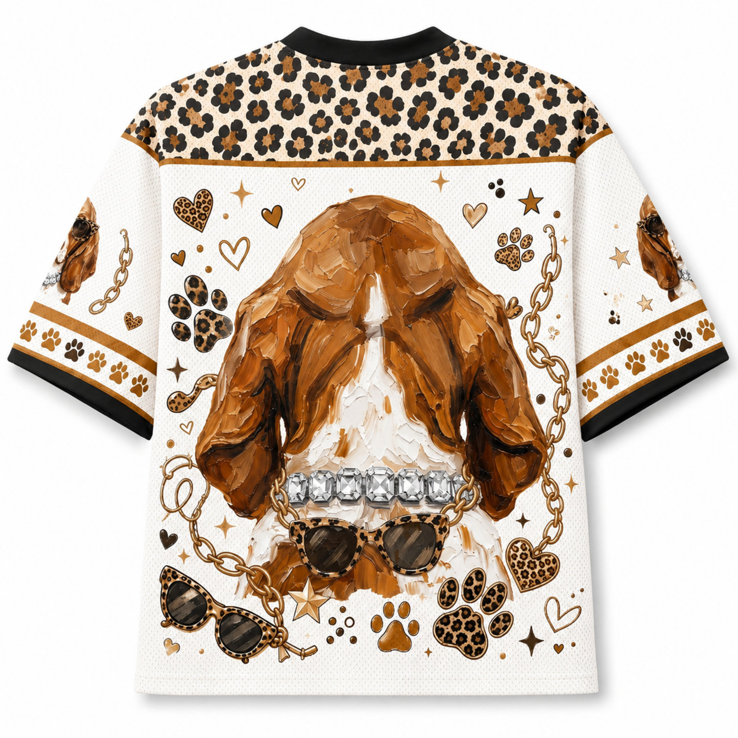 A short-sleeve t-shirt with a detailed graphic print of a brown and white dog wearing sunglasses and a silver grillz bar, surrounded by paw prints, hearts, stars, and leopard print patterns on a white background.
