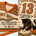A four-panel collage showing a Halloween-themed sports jersey design. The top-left panel shows the orange collar and cream mesh fabric with orange printed text.