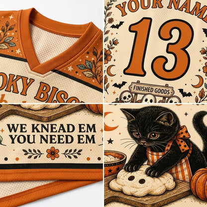 A four-panel collage showing a Halloween-themed sports jersey design. The top-left panel shows the orange collar and cream mesh fabric with orange printed text.