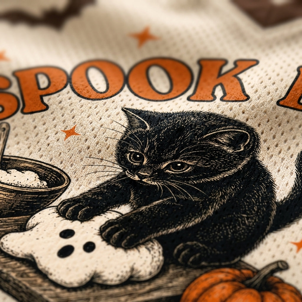 Close-up of a Halloween-themed knit fabric featuring an illustration of a black kitten pawing at a white ghost-shaped cookie, with orange 'SPOOK' lettering and a small orange pumpkin.