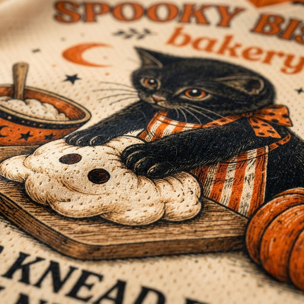 Close-up of a printed textile or fabric featuring a black cat wearing an orange-and-white striped apron, reaching toward a pumpkin-shaped cookie on a wooden board. The design includes the words "Spooky Biscuit Bakery" and decorative autumn motifs.