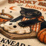 Close-up of a printed textile or fabric featuring a black cat wearing an orange-and-white striped apron, reaching toward a pumpkin-shaped cookie on a wooden board. The design includes the words "Spooky Biscuit Bakery" and decorative autumn motifs.