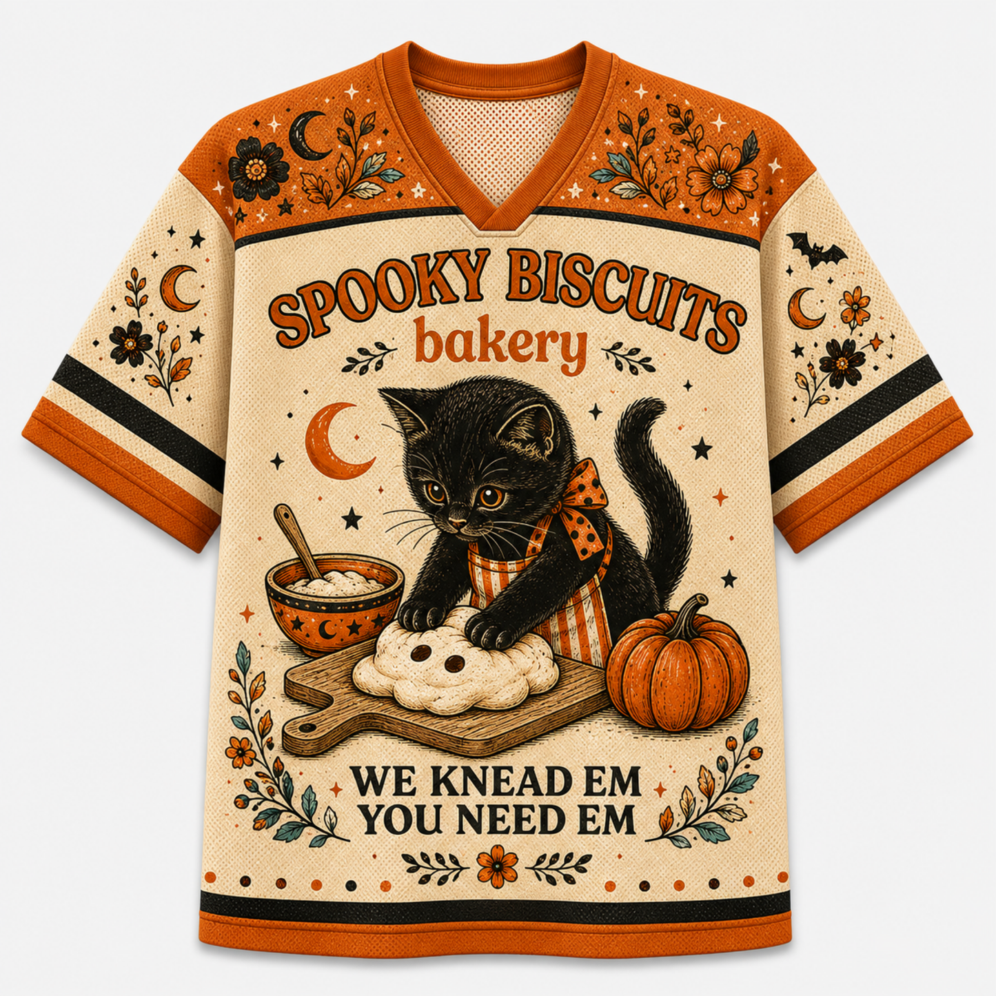 A short-sleeve V-neck graphic shirt with a Halloween bakery theme. The design features a black cat kneading a skull-shaped biscuit next to a pumpkin, with the text 'SPOOKY BISCUITS bakery' and 'WE KNEAD EM YOU NEED EM'.