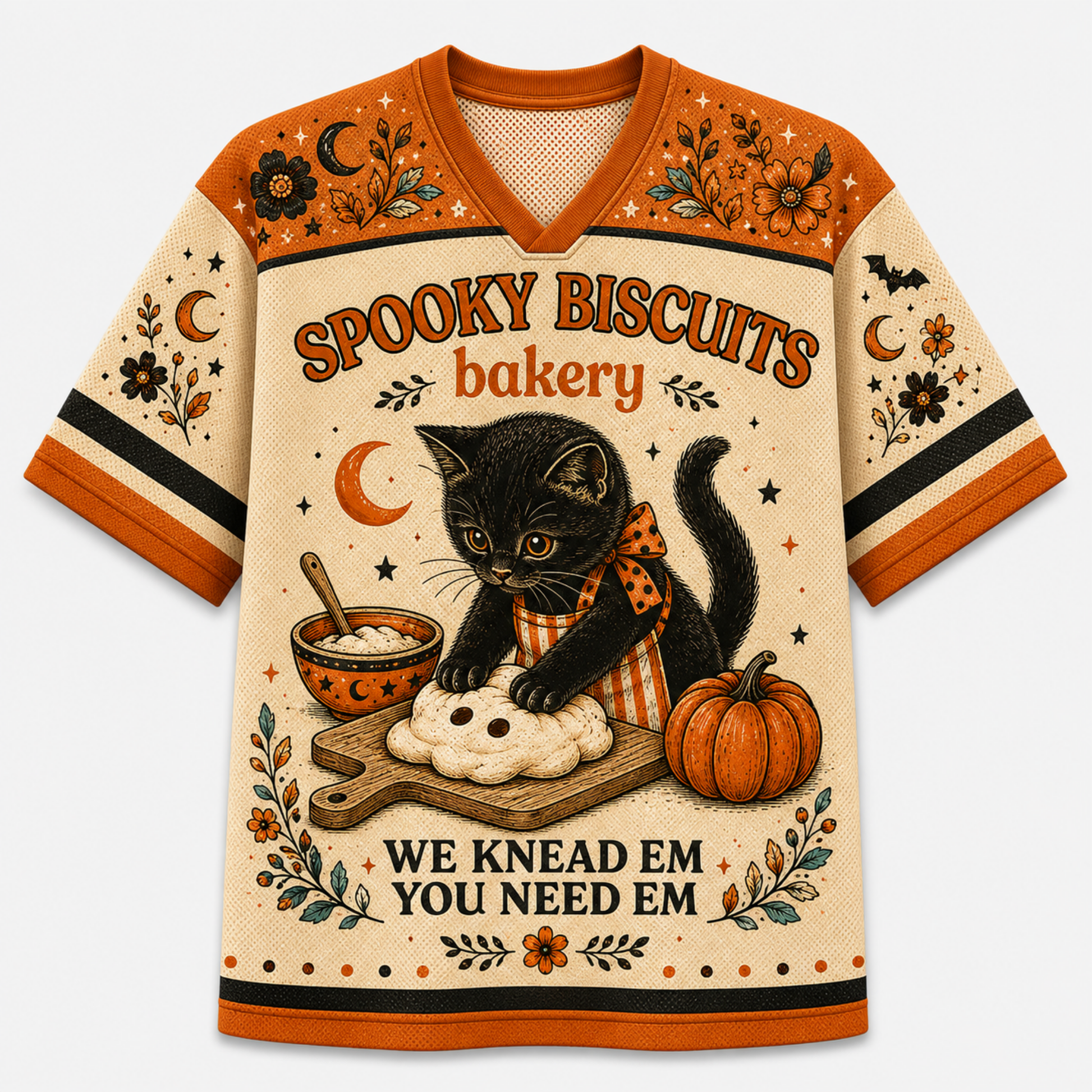A short-sleeve V-neck graphic shirt with a Halloween bakery theme. The design features a black cat kneading a skull-shaped biscuit next to a pumpkin, with the text 'SPOOKY BISCUITS bakery' and 'WE KNEAD EM YOU NEED EM'.