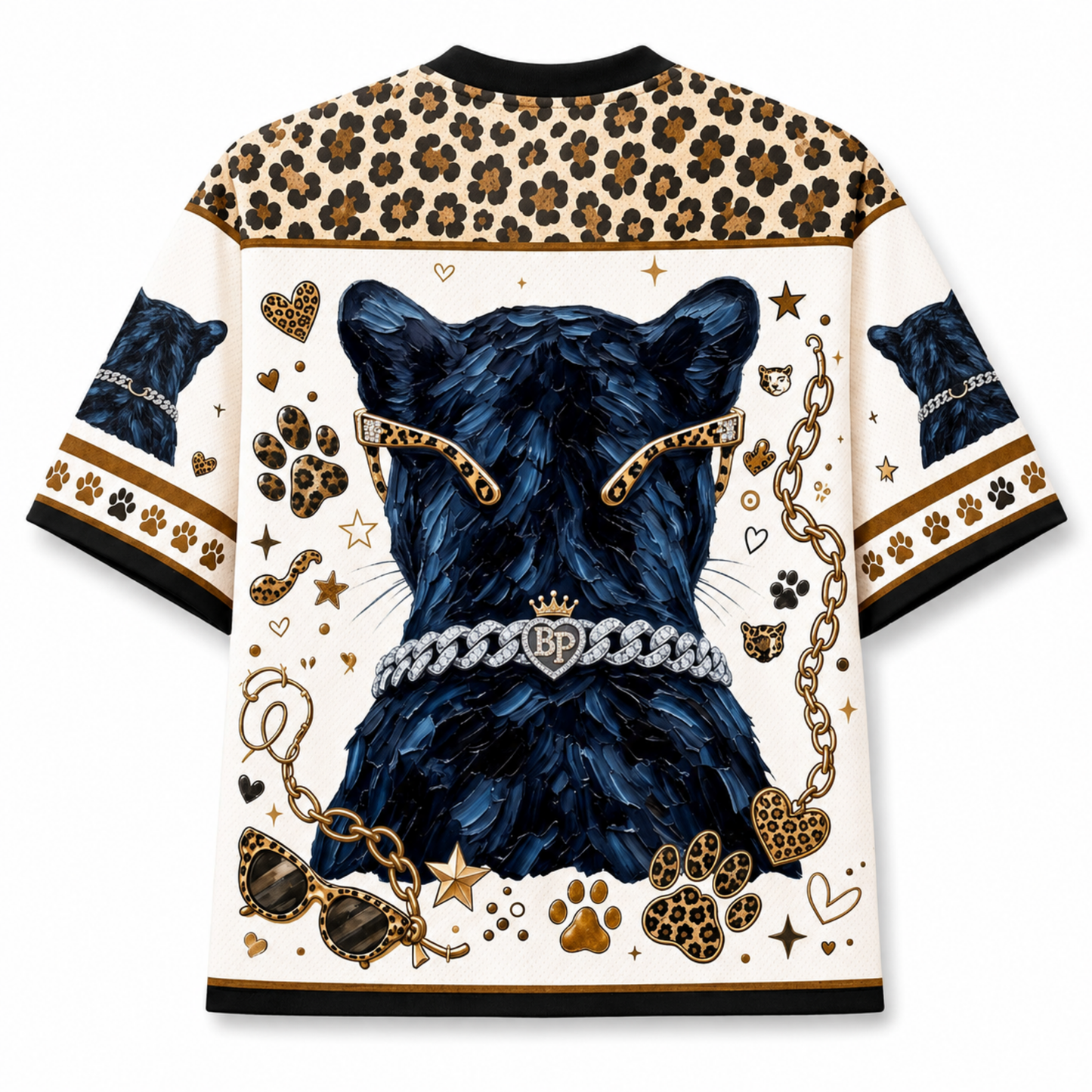 A short-sleeve crewneck shirt with a cream base, featuring a large graphic of a black cat wearing a silver chain collar with a heart emblem. The shirt is decorated with leopard print patterns on the shoulders, sleeves, and borders, along with paw prints, hearts, stars, and sunglasses.
