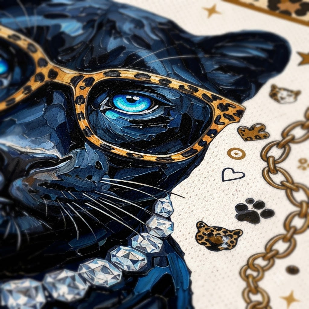 Close-up artwork of a black panther wearing leopard-print eyeglasses and a rhinestone necklace, with decorative paw prints, stars, and chain motifs on a light background.