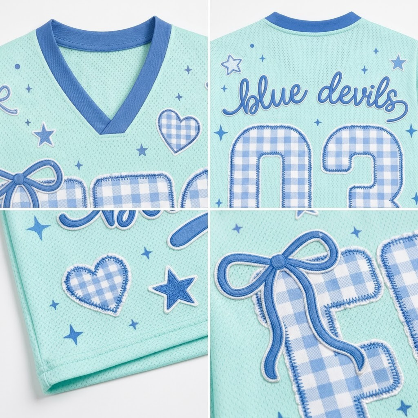 Product compilation highlighting the solid blue V-neck ribbed collar, blue and white sleeve athletic stripes, gingham heart badge, and breathable mesh fabric.