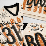 A four-panel close-up collage of a cream-colored football jersey with Halloween graphics, including black trim, orange polka-dot stripes, spiderwebs, bats, ghosts, stars, and the words 'Trick or Treat' and 'Boo'.