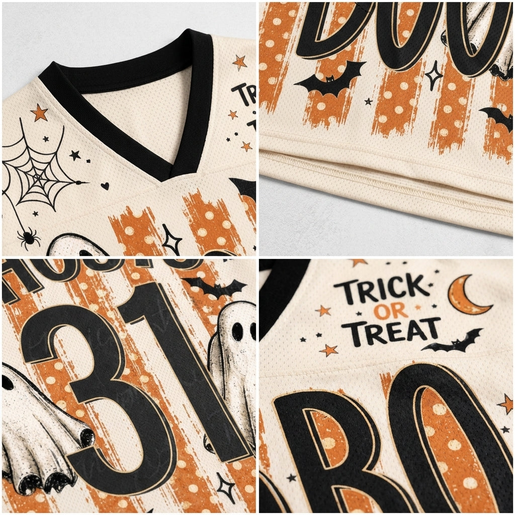 A four-panel close-up collage of a cream-colored football jersey with Halloween graphics, including black trim, orange polka-dot stripes, spiderwebs, bats, ghosts, stars, and the words 'Trick or Treat' and 'Boo'.