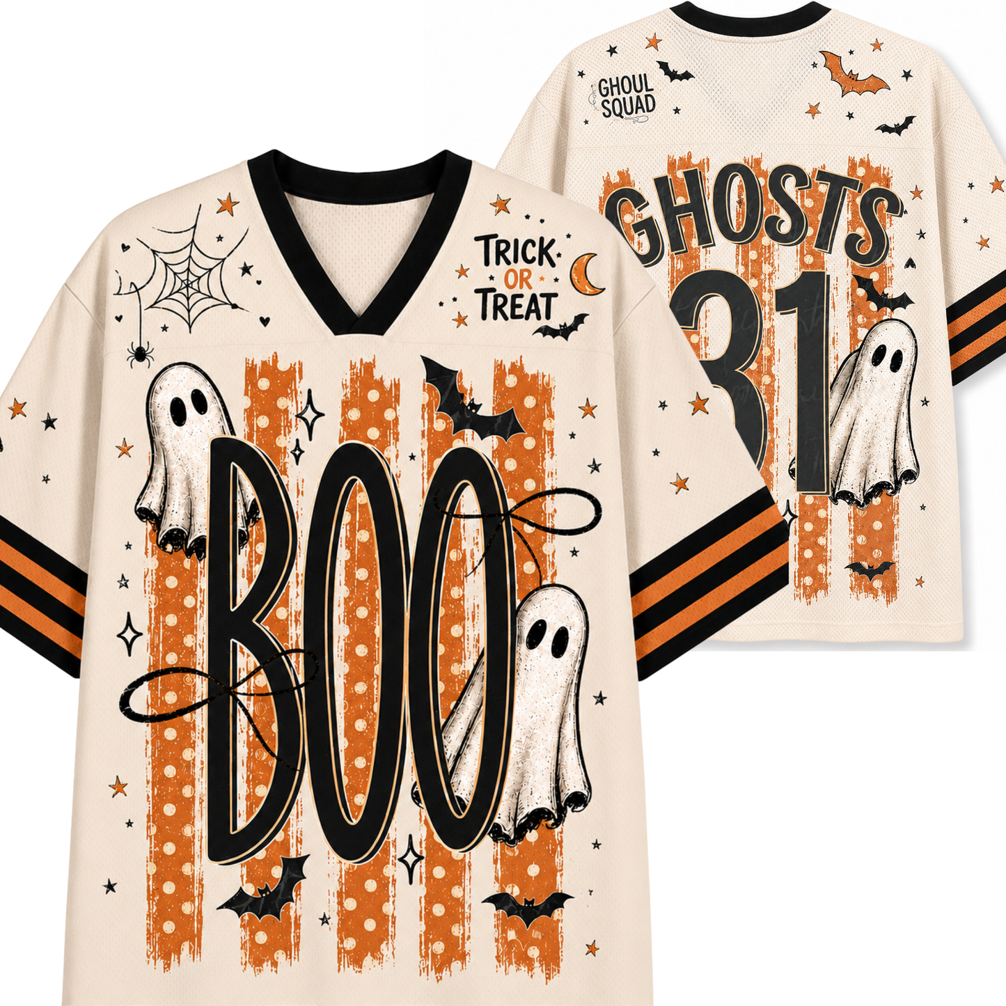 A Halloween-themed V-neck t-shirt shown from both the front and back. The shirt has an off-white base with orange and black graphics, including the word 'BOO', ghosts, bats, stars, and 'GHOSTS 31' on the back, with 'TRICK OR TREAT' on the front.