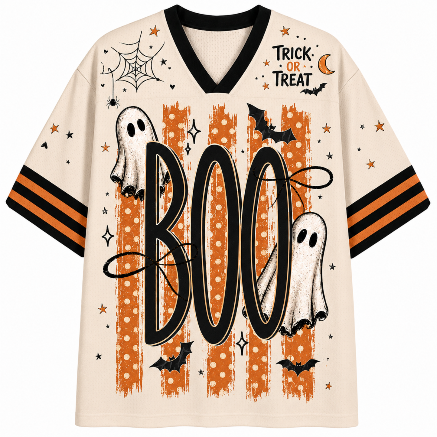 A Halloween-themed short-sleeve V-neck t-shirt with a cream base, featuring orange and black striped sleeves, a black V-neck collar, and a graphic print with the word 'BOO' in black over orange polka-dot stripes, white ghosts, black bats, spiderwebs, stars, and 'TRICK OR TREAT' text.