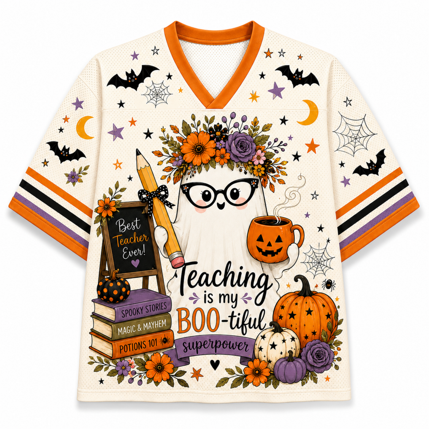 A Halloween-themed short-sleeve V-neck jersey-style shirt with orange trim and multicolor graphic prints including bats, moons, spiderwebs, flowers, a chalkboard, books, a pumpkin, and the text 'Teaching is my BOO-tiful superpower'.